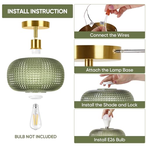 ROTTOGOON Semi Flush Mount Ceiling Light, Adjustable Hanging Gold Sloped Ceiling Lights with Green Glass Shade Vintage Hallway Light Fixtures for Kitchen Bathroom Entryway Bedroom (Bulb Not Included) by ROTTOGOON - Used condition - Image 8