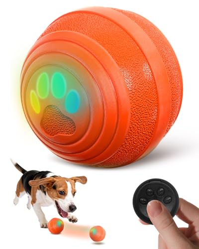MOXTOYU Interaktiver Hundeball Automatisch Rollender Ball mit LED-Lichtern 3 Spielmodi Interaktiver Spielball für Hunde mit Fernsteuerung USB-C wiederaufladbar für kleine mittlere Hunde(Orange)