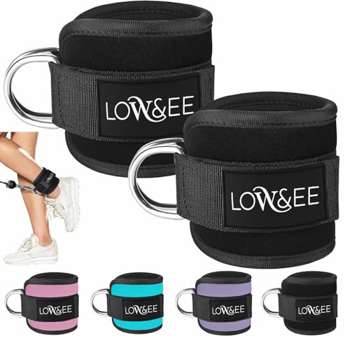 LOW&EE® Pack 2 Tobilleras Poleas Gym - Tobillera para Polea Acolchada para Mujeres y Hombres- Correa Tobillos Gym para Máquina de Cable Fitness y Gimnasio - Accesorios Gym (Negro)