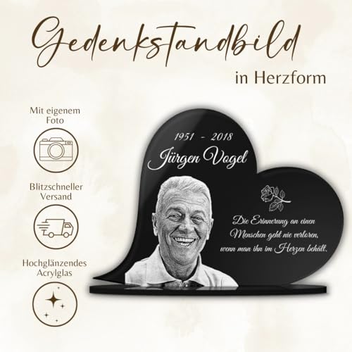 CHRISCK design Edles Gedenkstandbild Gedenktafel mit Gravur Fotogravur | Grabstein Herz-Form liegend in 2 Größen Grabschmuck graviert für Menschen Grabplatte | im Kerzenschein schön Leuchtend