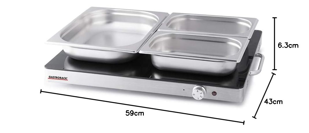 Gastroback 42491 Design Warmhalteplatte, Warming Tray, Speisenwärmer, Tellerwärmer, 400 Watt, Extra Große Heizfläche Piastra riscaldante, Vetro Termico Satinato, Nero-Argento