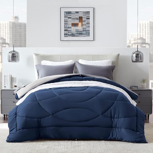 SLEEP ZONE Comforter Duvet Insert, Queen Size Quilted Reversible Comforters, Soft All Season Duvet, Down Alternative Breathable Bedding with 8 tabs, 2 Sides Navy Gray 88 x 88 Inches