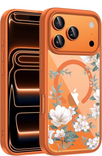 Image of VONZEE Back Cover Case Compatible with iPhone 17 Pro Max, Luxury Retro Flowers Floral Clear for Magnetic Wireless Charging Case Shockproof PC+TPU Cute Glossy Shiny Cover for Girls|6.9''|Cosmic Orange