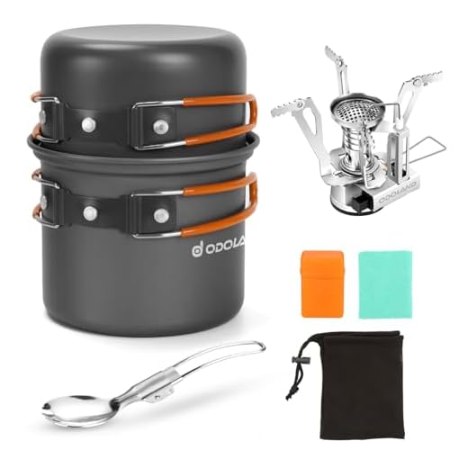 Odoland 6pcs Camping Cookware Mess Kit with Lightweight Pot, Stove, Spork and Carry Mesh Bag, Great for Backpacking Outdoor Camping Hiking and Picnic