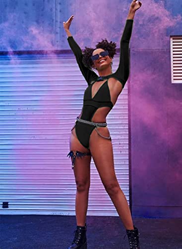 Rave Outfits For Women - Festival Neon Bodysuit Concert Swimsuit Mesh Buckle Crop Top Club Party Bikini 2 Pcs Set(Black,M,1017A) #TOP3