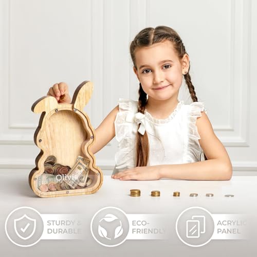 Image of Custom Wooden Bunny Piggy Bank for Kids Name | Personalized Birthday Gifts for Boys Girls, Easter Bunny Decor Encourages Early Saving, Easter Basket Stuffers for Kids