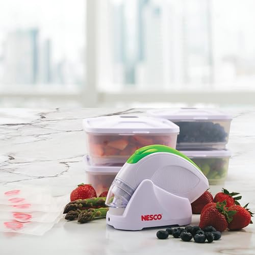 Image of NESCO Handheld Vacuum Sealer Kit, Includes 4 Canisters, 5 Reusable Gallon Zipper Bags, Freezer, Dishwasher, Sous Vide Safe Bags, Great for Meal Prep & Food Storage - Rechargeable with Charging Base