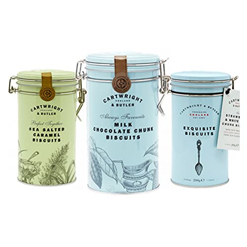 Cartwright & Butler Trío de latas de galletas Presentado en nuestras latas reutilizables con tapa de clip Incluye trozo de chocolate con leche caramelo salado y galletas de fresa y chocolate blanco