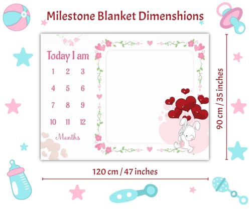 Image of Baby Monthly Milestone Blanket | 1-12 Months | Soft All-Season AC Blanket | Ideal for Newborn Boys & Girls | Perfect Growth Tracker & Photoshoot Prop with Cute Rabbit | 120x90 cm