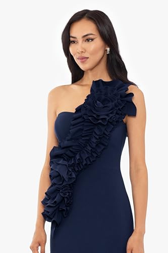 Image of Betsy & Adam Women's One Shoulder Ruffle 3D Flower Formal Long Dress, Navy, 8