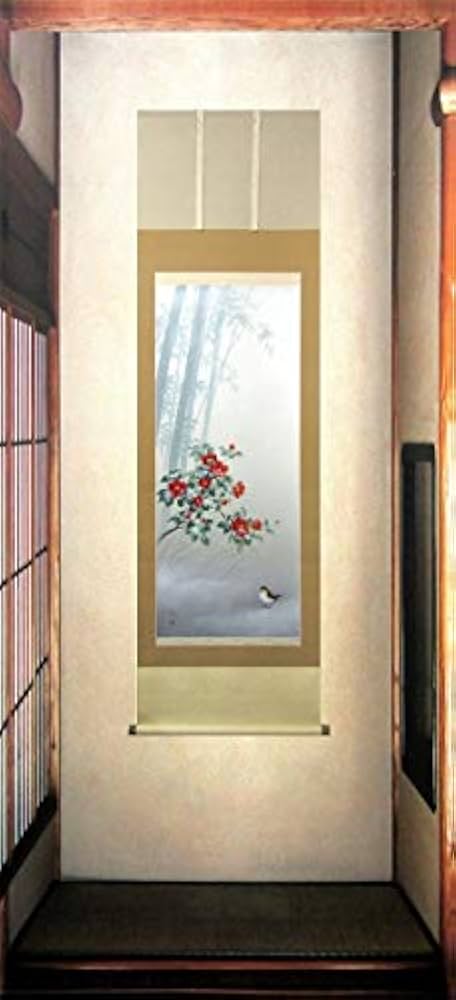 Amazon.co.jp: 遠田一成『雪椿』日本画 掛け軸 花鳥画 風景画