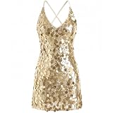 Waist Wow Sequin Dress for Women Spaghetti Strap Sexy Dresses Glitter Sparkly Mini Dress Champagne Gold
