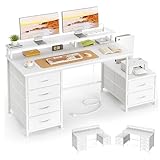 Flrrtenv Computer Desk with 6 Fabric Drawers, 50Inch Gaming Desk with Power Outlets & Fabric File Cabinet, Home Office Desk with Full Monitor Stand and Shelf, Study Writing Desk for Bedroom, White