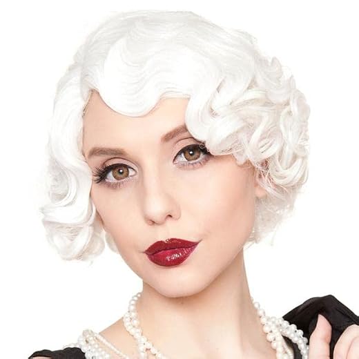 Kaneles Short White Curly Wig Finger Wave Synthetic Hair for Women 1920s Halloween Cosplay Costume Party Come with Wig Cap