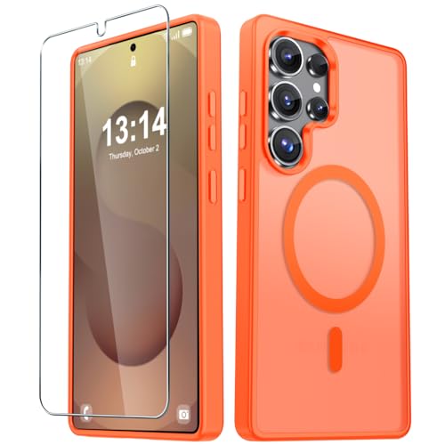 Image of YENAPOON for Samsung Galaxy S25 Ultra Case, Matte Magnetic Phone Cover [with 1 Screen Protector] [Support for MagSafe] [Shockproof Military Grade Protection] Translucent Frosted Back, Orange