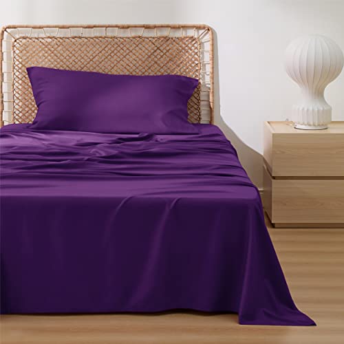 Image of Bedsure Cooling Sheets Twin, Rayon Derived from Bamboo, PureWoven, Breathable & Soft Twin Sheets Set, Deep Pocket Up to 16 Inches, Hotel Luxury Silky Bedding for Hot Sleepers, Plum