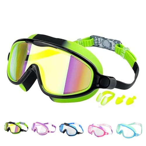 Coloday Childrens Large Frame Waterproof and Anti Fog Swimming Goggles 2025 Summer Wide View Swimming Goggles for Kids Boys Girls (Goldern Green One Size)