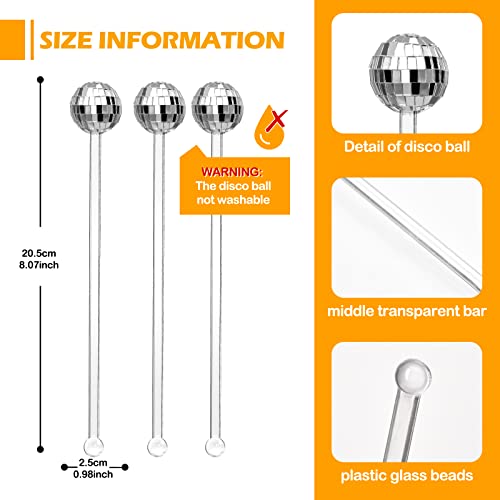 Sawysine 24 Pcs Disco Party Decorations Disco Ball Cocktail Stirrers 8 Inch Silver Mirror Ball Stir Sticks Beverage Coffee Drink Stirrer for 70s 80s Bachelorette Wedding Birthday Party(Transparent) by Sawysine - Image 3