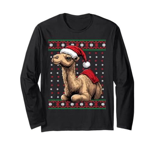 Ugly Christmas Sweater Camel Lover Santa Hat Funny Holiday Long Sleeve T-Shirt