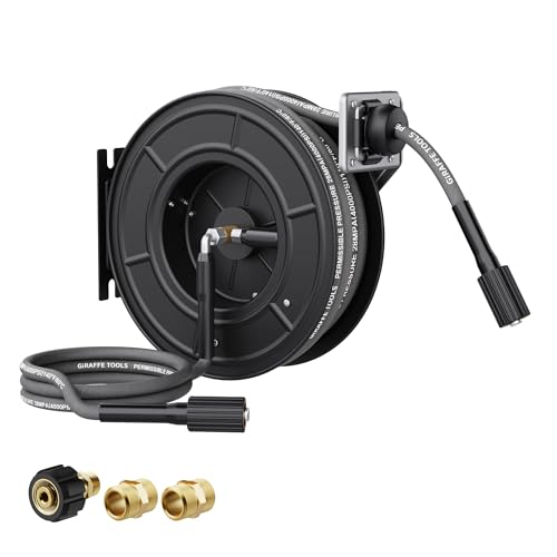 Image of Giraffe Tools Pressure Washer Hose Reel, 1/4" × 60ft Auto Rewind Hose Reel, Wall/Floor Mounted with Adjustable Guide Arm, 4000 PSI