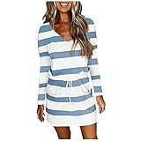 Vestidos Manga Larga Mujer Cortos Baratos Cuello en V, Casual Vestido de Rayas Mujer Corto con Cordón, Rayas Mujer Corto con Bolsillos Estampado Rayas de Playsuit, Cintura con Lazo(A Azul claro,XXL)