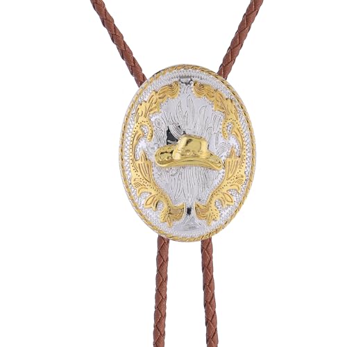 Image of GelConnie Brown Bolo Tie for Men Women Western Ties Mens Gold Bolo Tie Rodeo Cowboy Leather Necktie Cowgirl Tie Wedding