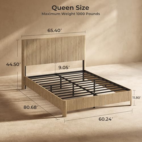 Image of Evermagin Oak Queen Bed Frame with Headboard, Mid Century Modern Fluted Platform Bed, Boho Wooden Bed Base No Box Spring Needed, Wavy Grooved Panel