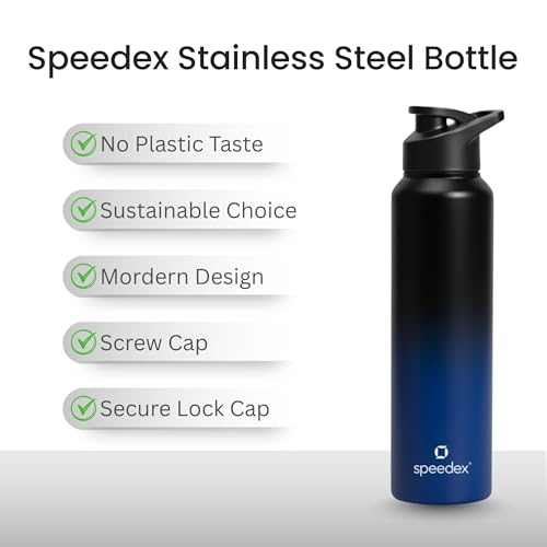 Image of Speedex Stainless Steel Water Bottle 1 Ltr, Leak Proof Sipper Cap, BIS Approved 1000 ml Metal Bottle For Daily, Office, School, Gym, Travel Use for Men, Women, Kids, Adults, Black Blue, Set of 4