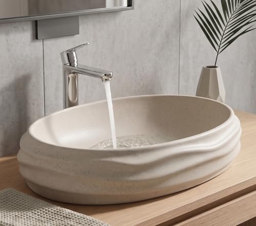 Image of BASSINO 22x15x6 Inches Ceramic Table Top Washbasin /Beige-Ivory Terrazzo Luxury Countertop Sink /Modern Basin for Home,Living Room /Designer Oval Shape Wash Basin for Bathroom with Wave(Matte Khaki)