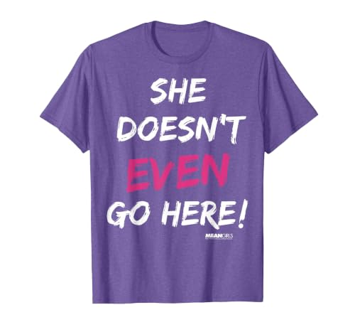 Mean Girls She Doesn't Even Go Here Pink Accent T-Shirt, Men, Purple Heather, Large