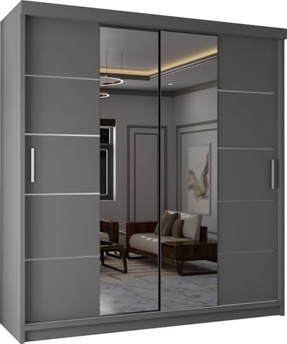 Modern Double Sliding Door Wardrobe 2 Mirrored Hanging Rails & Shelves Storage Cabinet for Bedroom (120cm, Lisbon Grey)