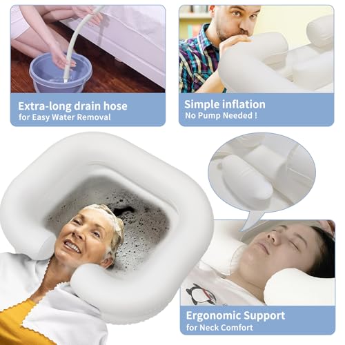 GSengGoung Inflatable Shampoo Basin, Portable Shampoo Bowl with Neck Support Drain Hose for bedridden People, Shampoo Sink for Those Elderly Disabled Pregnant Women Injured (Cream White) - Thumbnail 6