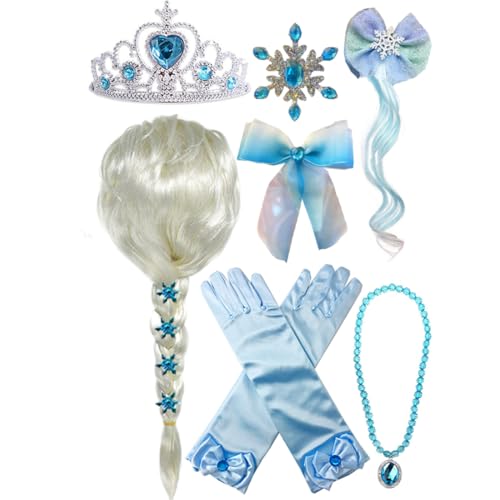 Yosbabe Princess Wig Braid with Tiara Necklace Gloves Princess Dress Up Costume Cosplay Accessories for Kids Girls