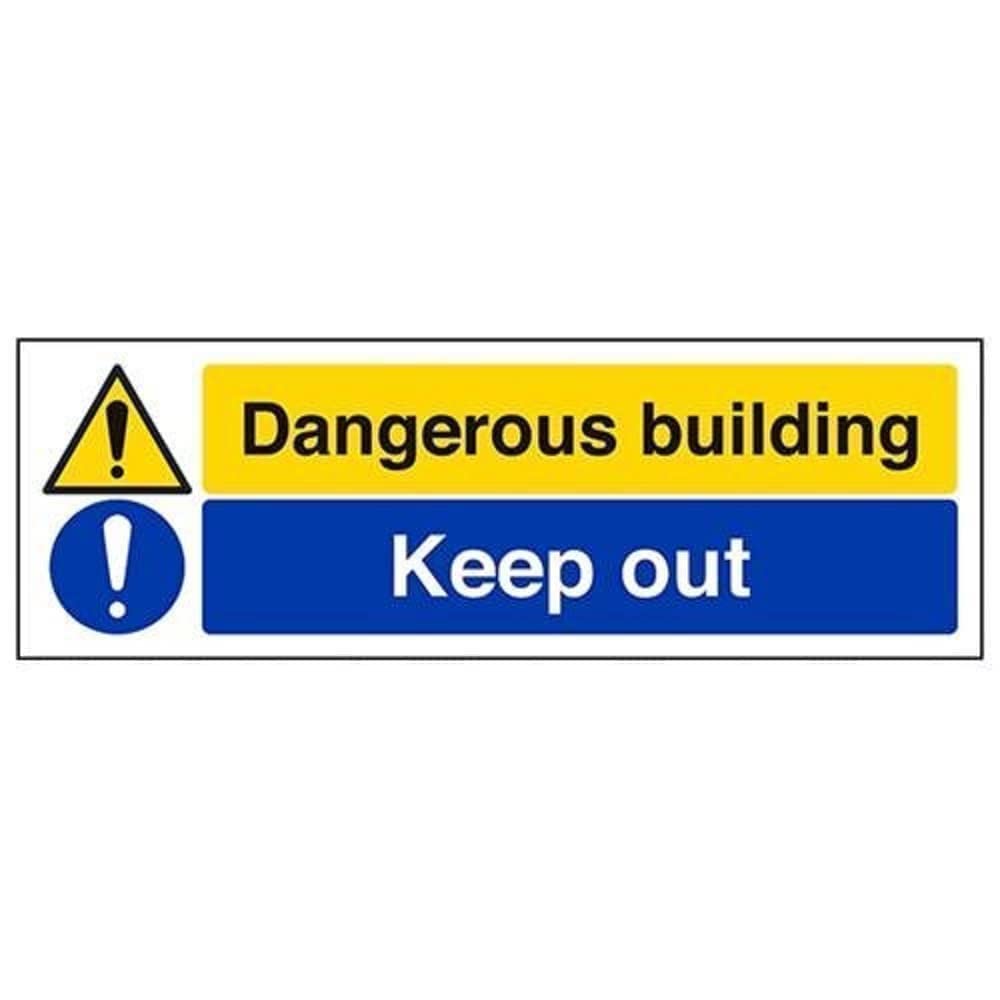V Safety 67143AX-R Dangerous Building/Keep Out Warning Sign - Landscape - 300mm x 100mm - 1mm Rigid Plastic, Black/Blue/Yellow