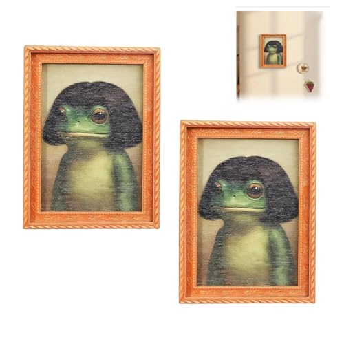 JINJUMEI 2PCS Funny Frog Magnet, Frog Magnets for Fridge, Cute Retro Mini Framed Art Magnet, Vintage Style Oil Painting Art Magnet, Cute Bob Haircut Toad Decor for Fridge, Locker, Dishwasher