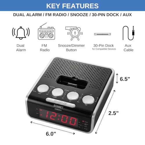 Digital Alarm Clock Radio with FM Stereo Radio, Red LED Display, Dual Alarm, Snooze & Sleep Timer, AUX Input, 30-Pin Dock, Battery Backup, Compact Bedside Bedroom Clock by Ken-Tech by Ken-Tech - Used condition - Image 7
