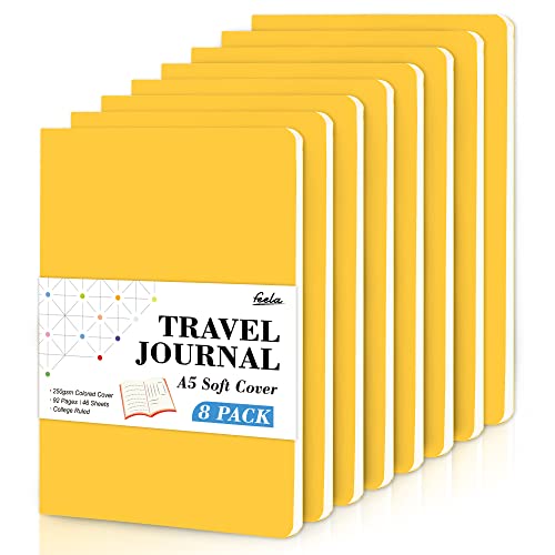 feela 8 Pack Soft Cover Notebooks A5 Lined Journal Notebooks College Ruled for Work, Lined Travel Journal for Women Men, Note Taking Notepad School Supplies Business Writing Note Books, Yellow