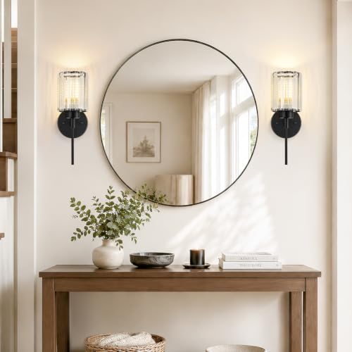 Image of Modern Wall Sconces Set of 2, Matte Black Wall Lights with Clear K9 Crystal Shades, Bathroom Vanity Lights for Bedroom, Living Room, Hallway