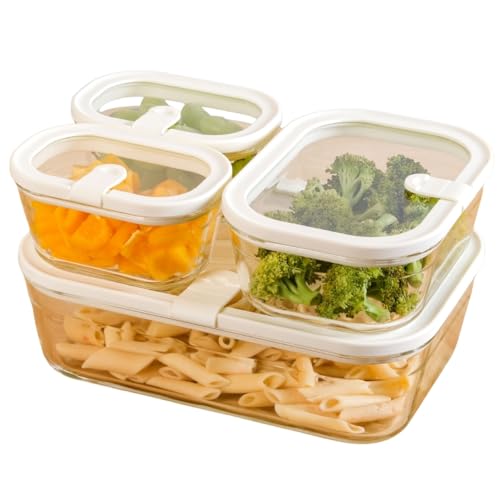 Image of Nestasia Vento Glass Containers with Lid Set of 4 (370ml x 2, 930ml x 1, 2500ml x 1) - Microwave, Refrigerator & Dishwasher Safe Containers with Air Vent Lid for Fridge Storage (Cream)