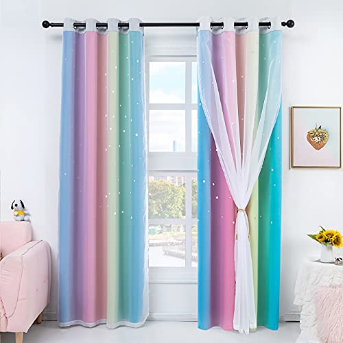 Stiio 2 Panels Girls Stars Curtains for Bedroom, Kids Blackout Curtains Yellow Pink Ombre Nursery Curtains with Sheer Princess Star Cutout Curtains for Bedroom Living Room, W52 x L84 inches