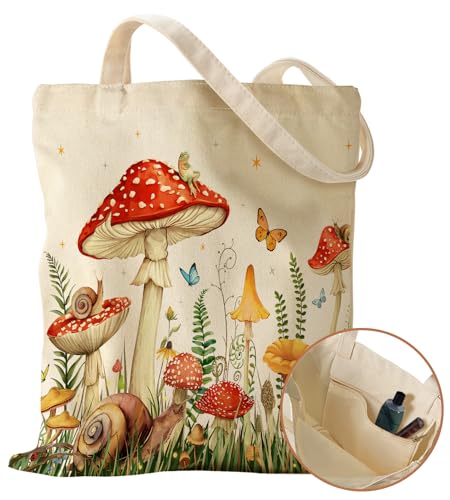 Miss Adola Tote Bag for Women Girls Aesthetic Canvas Tote Bag with Pocket Inspired Gift Reusable Casual Bag for Work Shopping Mushroom