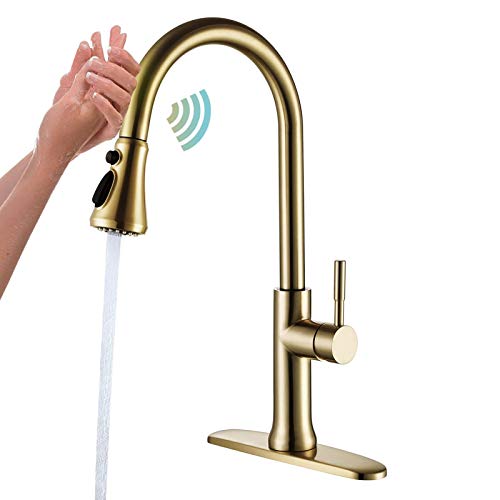 Touch Kitchen Faucet with Pull Down Sprayer Brushed Gold Kitchen Sink Faucets Single Handle Modern Stainless Steel Faucet for Kitchen Sink Faucet with Deck Plate Fit 1 or 3 Hole RBROHANT