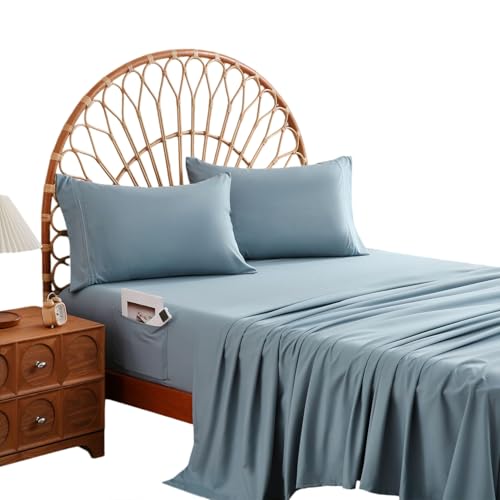 JSD Blue Queen Sheet Set with Side Storage Pocket, 4 Piece Soft Microfiber Bed Sheets Deep Pocket Corner Straps Oeko-Tex Certified