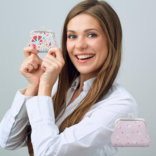 Coin Purse 2 Pieces, Mini Purse for Women and Girls, Colorful and Double Side Coin Wallet with Kiss Lock Clasp Closure for Keys, Coin, Lipstick(Pink and White)