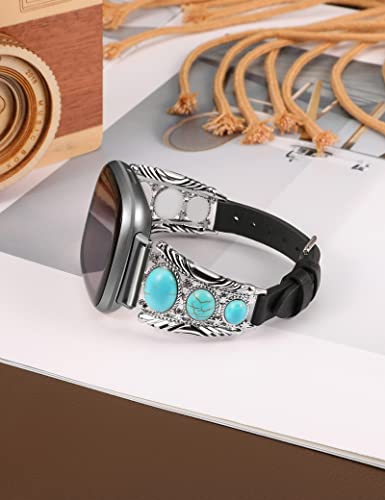 Minyee Leather Band Compatible With Fitbit Versa 4/Versa 3/Sense 2/Sense Band, Turquoise Watch Bands For Women, Vintage Bohemian Ethnic Antique Jewelry Style Strap For Versa 4 #TOP2