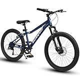 24 Inch Kids' Mountain Bike, 7 Speed Mountain Bicycle with Front Suspension, Front Disc Brake and Rear V-Brake, Carbon Steel Frame Outdoor Cycling City Bike for Teenager Boys Girls Gifts, Blue