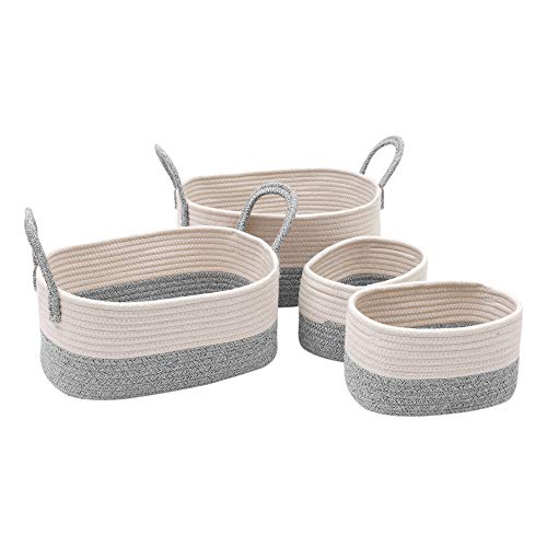 Image of E-HOUPRO Storage Baskets Set of 4,Cotton Rope Woven Organizer Bins Foldable Decorative Basket with Handles for Baby Nursery Laundry Kid's Toy,Grey