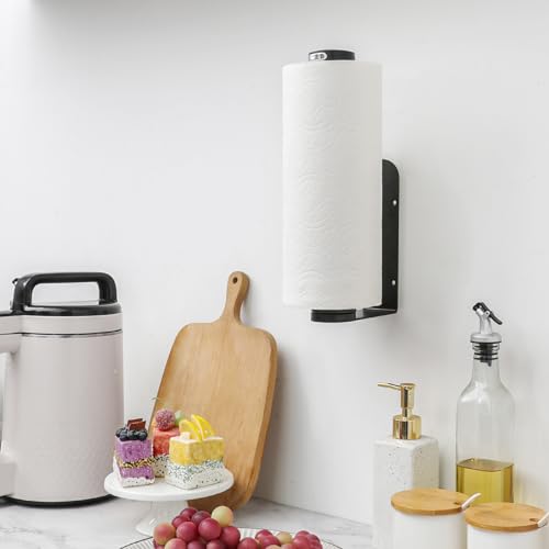Image of theaoo Under Cabinet Paper Towel Holder for Kitchen, Easy One-Handed Tear, Quick Release Knob for Easy Roll Loading, Wall-Mounted Dispenser, Self-Adhesive or Drill Mounting, Black Stainless Steel
