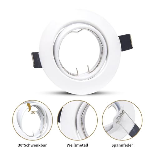 Wondlumi 6 sztuk LED Reflektorów do zabudowy GU10, ramki 68-85mm, Reflektory sufitowe, obrotowe, LED Spots 230V, białe, okrągłe, ramki montażowe z oprawą GU10