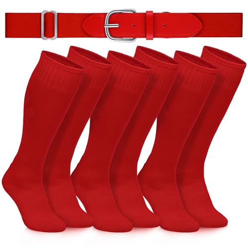 Gnodio 3 Pairs Baseball Socks and Belt Combo Youth Boys Softball Football Socks and Elastic Baseball Belts for Boys Girls